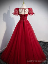 Wine Red Tulle A-line Beaded Long Prom Dress, Wine Red Formal Dress Party Dress